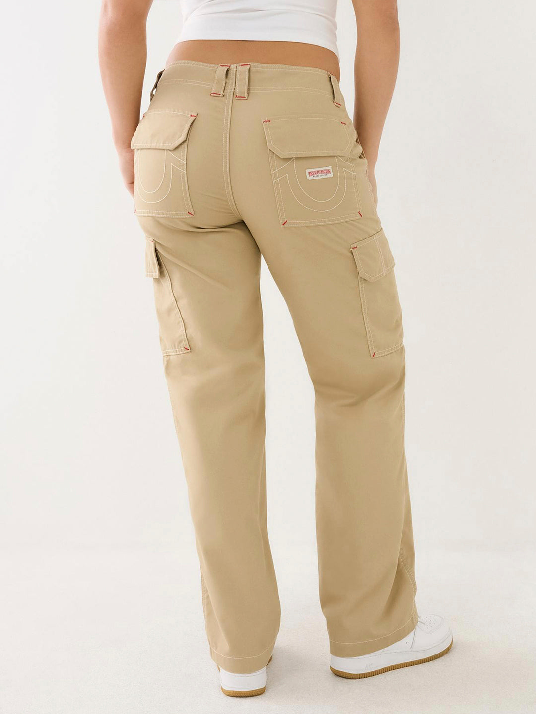 True Religion Women Beige Solid Oversized Mid-Rise Cargo Trouser