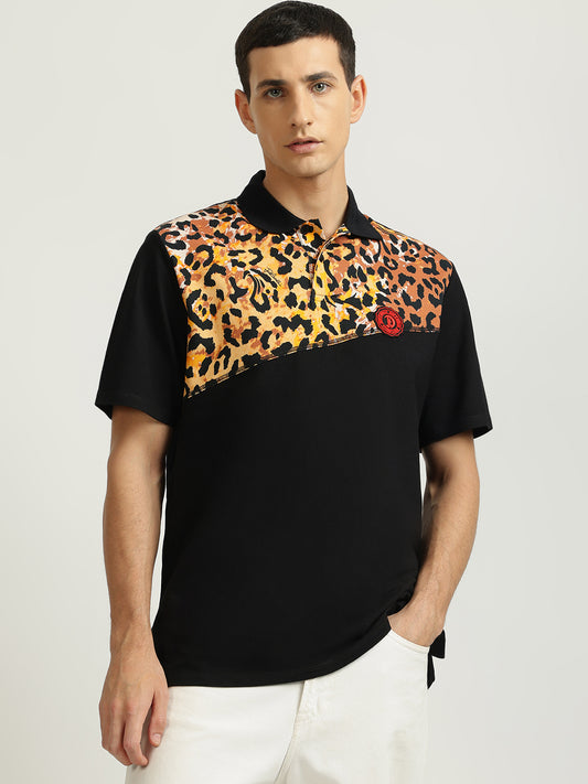 Just Cavalli Men Black Printed Polo Collar Short Sleeves T-shirt