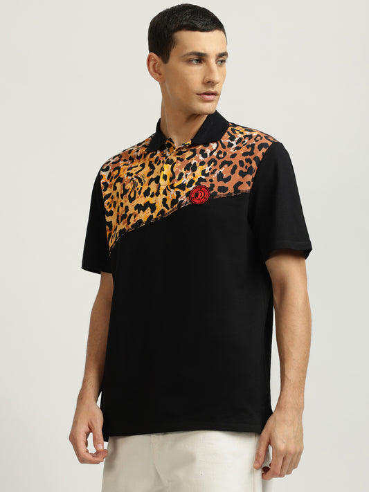 Just Cavalli Men Black Printed Polo Collar Short Sleeves T-shirt