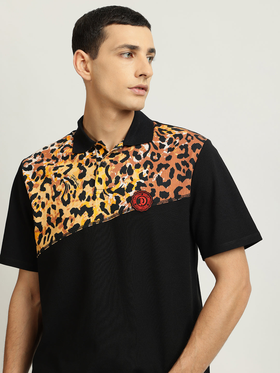 Just Cavalli Men Black Printed Polo Collar Short Sleeves T-shirt