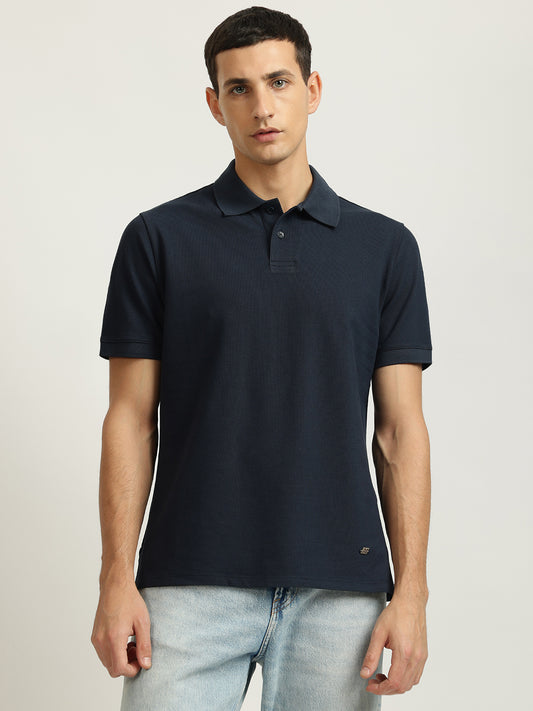 Just Cavalli Men Navy Blue Solid Polo Collar Short Sleeves T-shirt