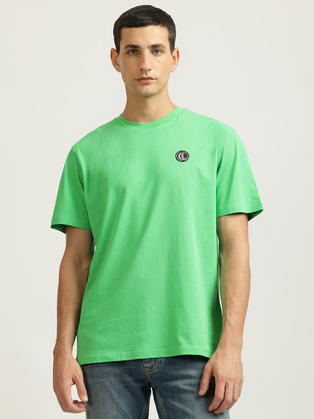 Just Cavalli Men Green Solid Round Neck Short Sleeves T-shirt