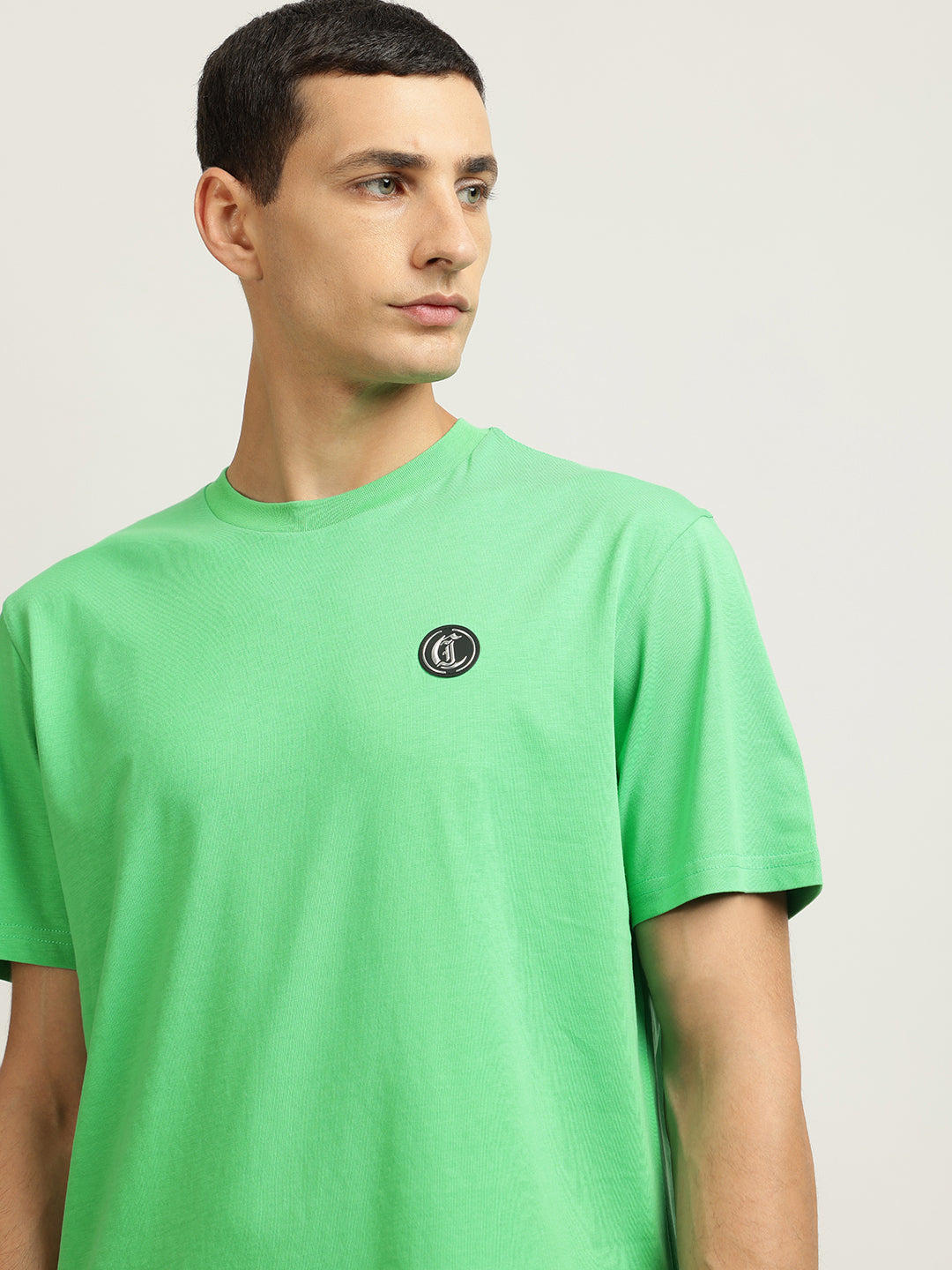 Just Cavalli Men Green Solid Round Neck Short Sleeves T-shirt