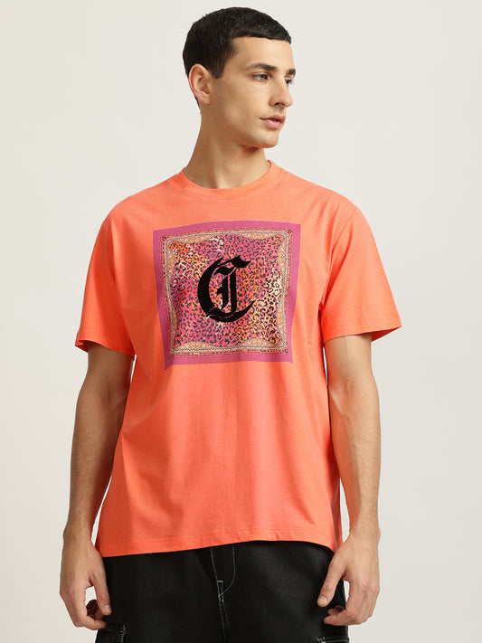 Just Cavalli Men Coral Printed Round Neck Short Sleeves T-shirt