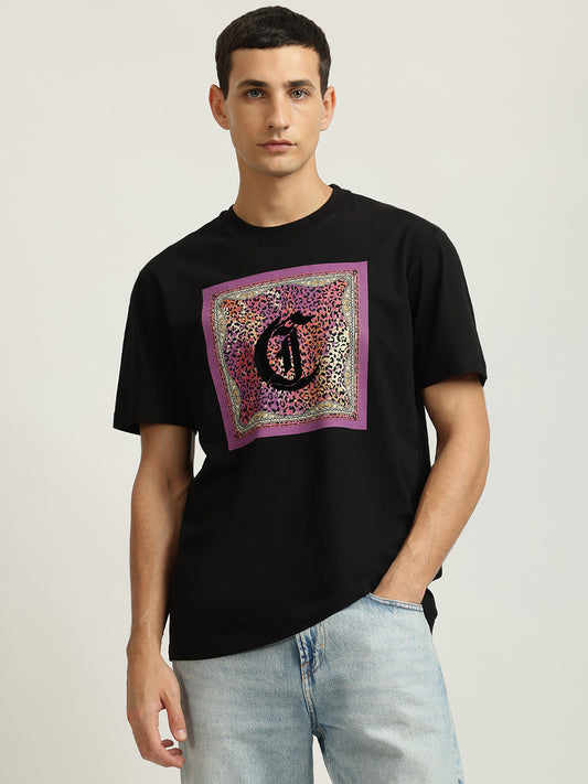 Just Cavalli Men Black Printed Round Neck Short Sleeves T-shirt