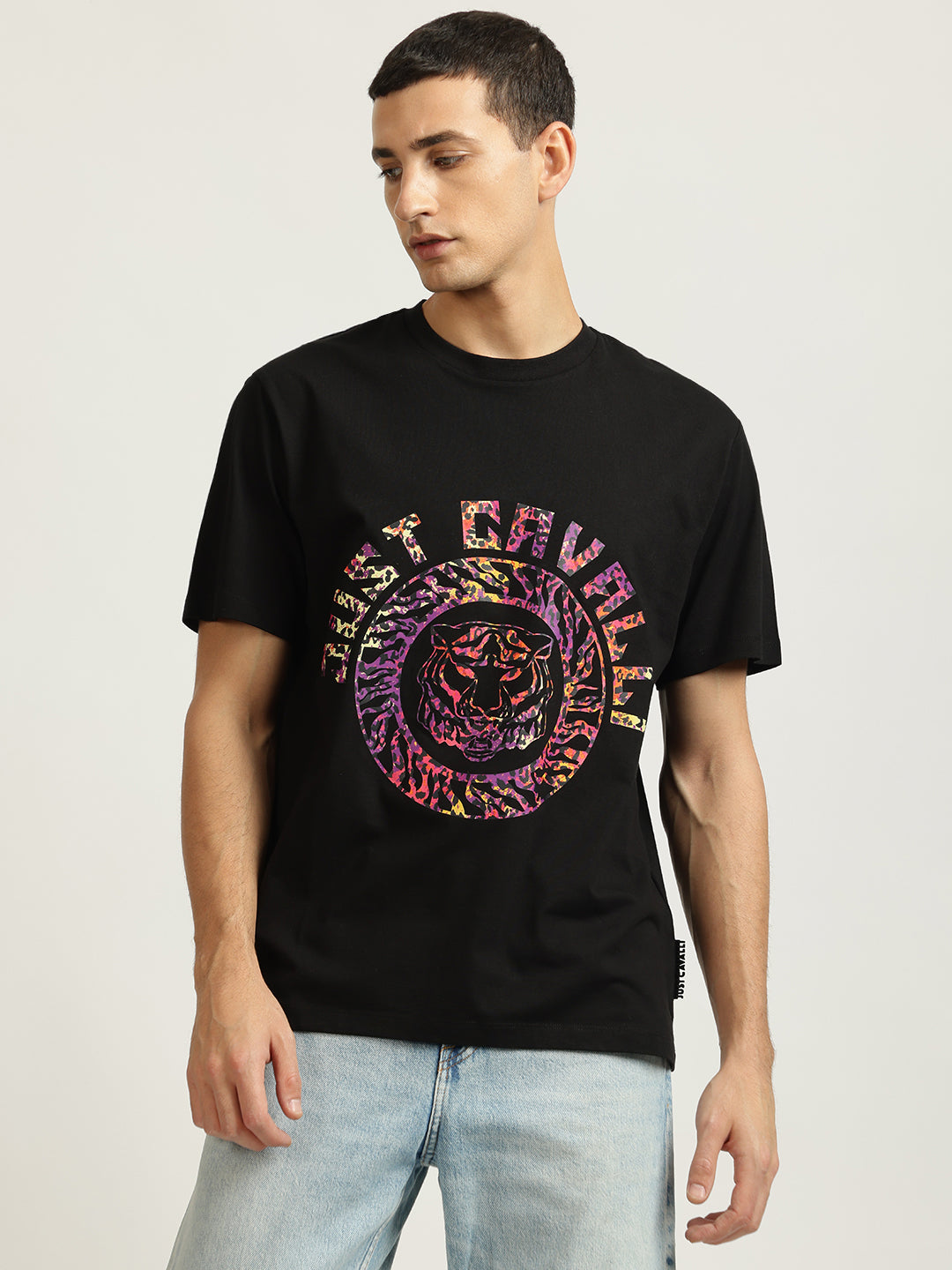 Just Cavalli Men Black Printed Round Neck Short Sleeves T-shirt