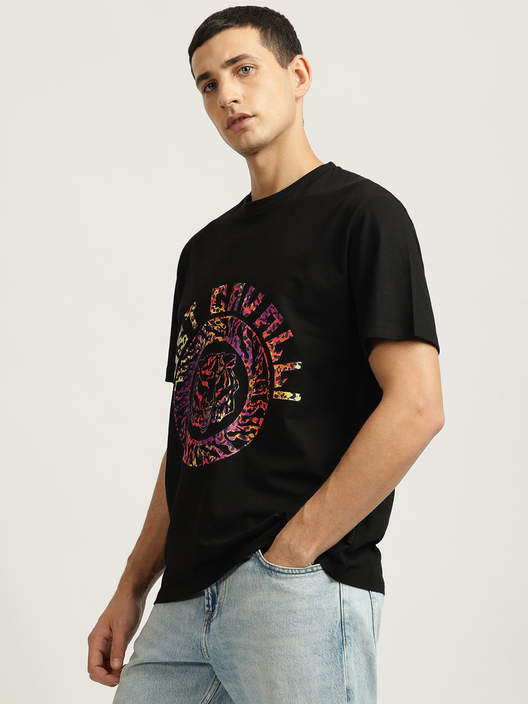 Just Cavalli Men Black Printed Round Neck Short Sleeves T-shirt