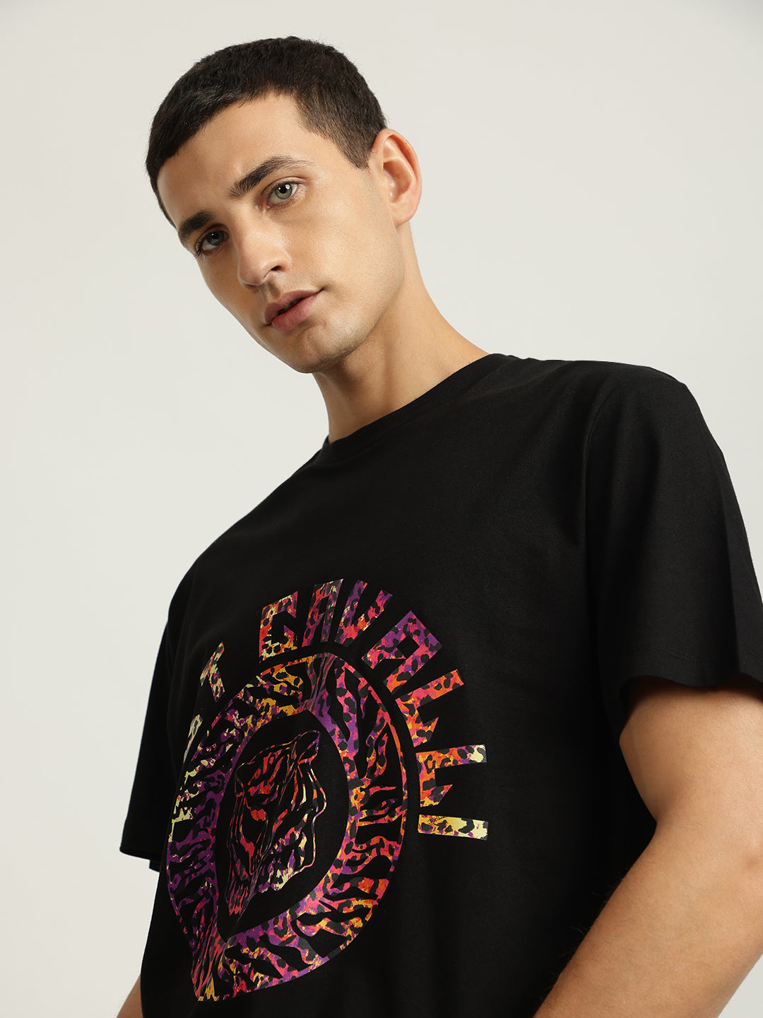 Just Cavalli Men Black Printed Round Neck Short Sleeves T-shirt