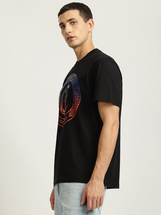 Just Cavalli Men Black Printed Round Neck Short Sleeves T-shirt