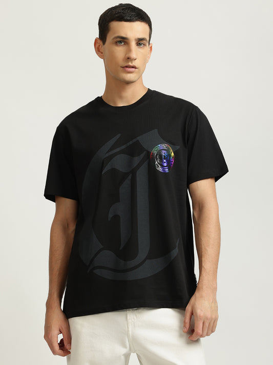 Just Cavalli Men Black Printed Round Neck Short Sleeves T-shirt