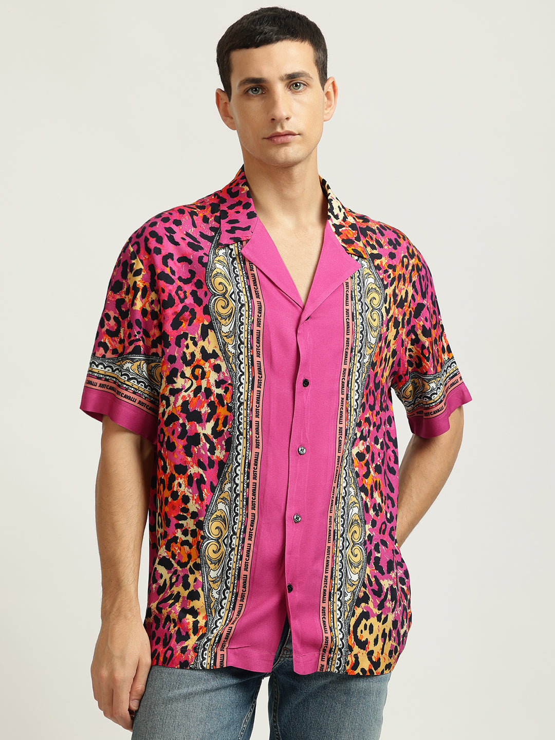 Just Cavalli Men Pink Printed Cuban Collar Short Sleeves Shirt