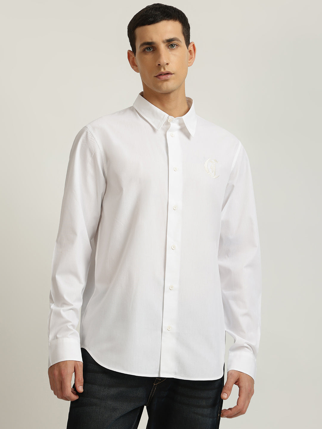 Just Cavalli Men White Solid Spread Collar Full Sleeves Shirt