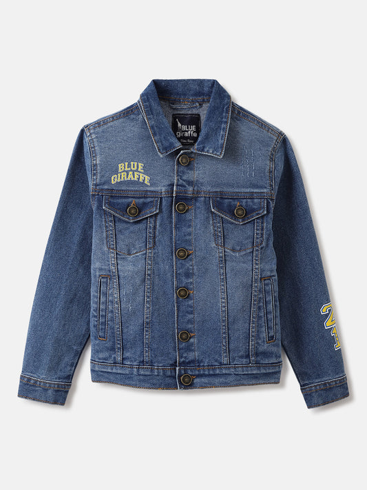 Blue Giraffe Boys Blue Washed Spread Collar Full Sleeves Denim Jacket