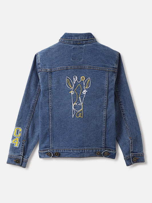 Blue Giraffe Boys Blue Washed Spread Collar Full Sleeves Denim Jacket