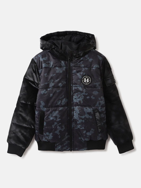 Blue Giraffe Boys Black Printed Hooded Full Sleeves Puffer Jacket