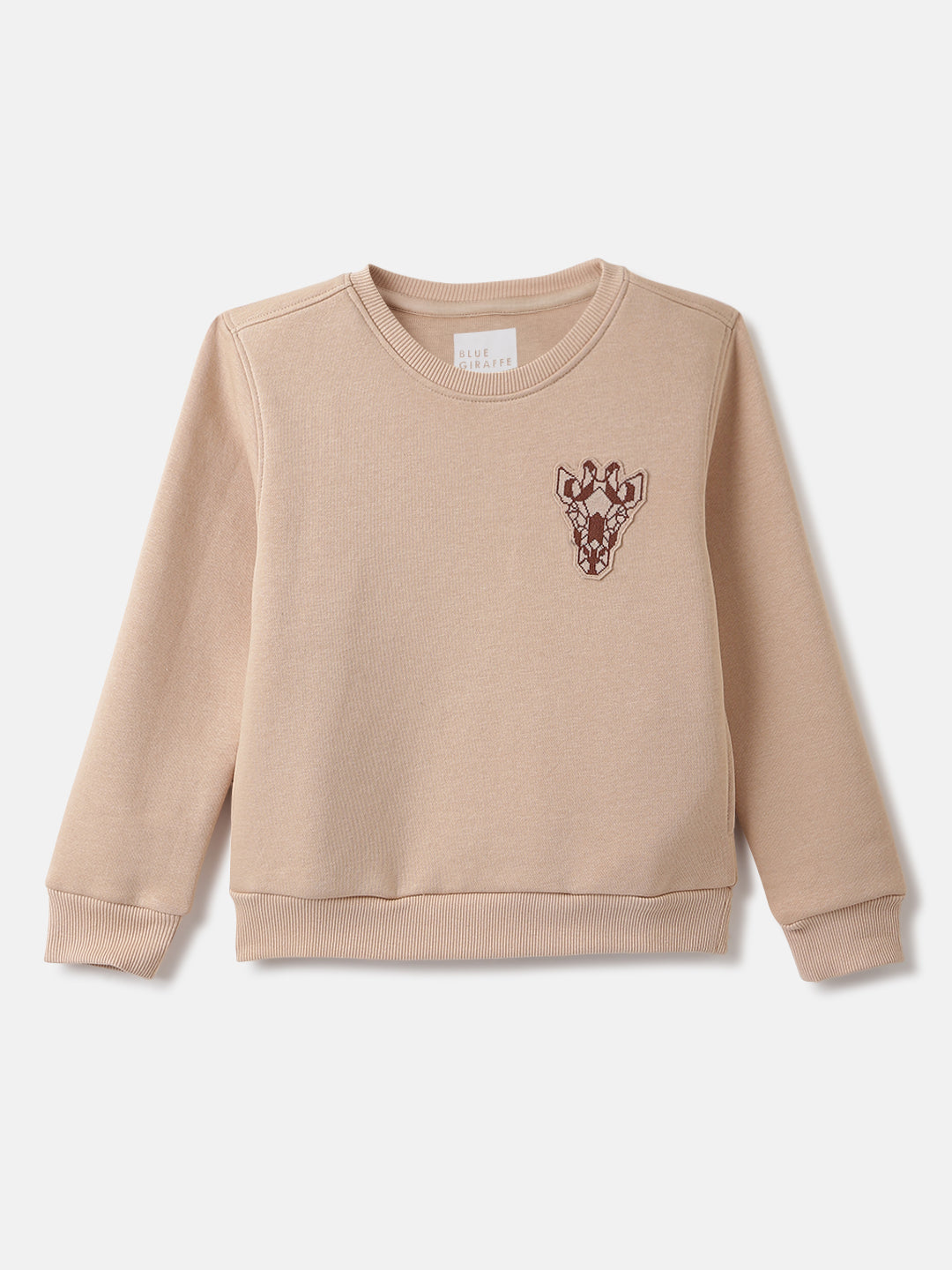 Blue Giraffe Boys Beige Solid Round Neck Full Sleeves Pullover Style Sweatshirt