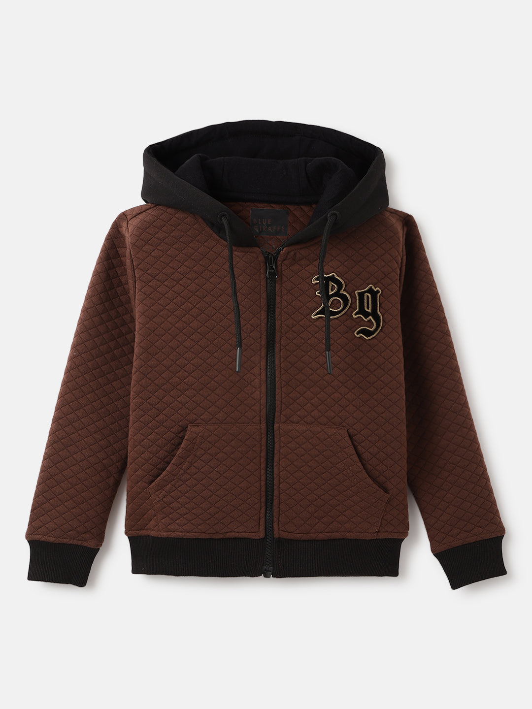 Blue Giraffe Boys Brown Hooded Full Sleeves Quilted Sweatshirt