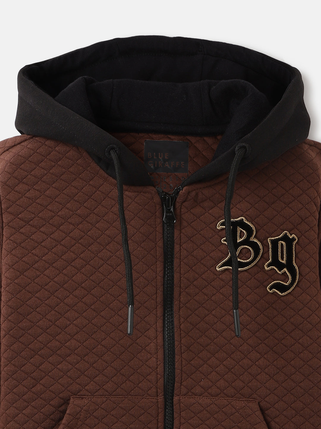 Blue Giraffe Boys Brown Hooded Full Sleeves Quilted Sweatshirt