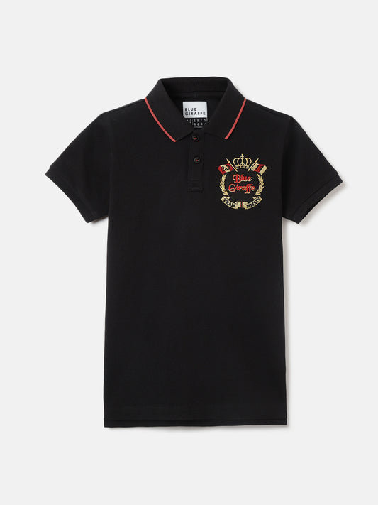 Blue Giraffe Boys Black Solid Polo Collar Short Sleeves T-Shirt