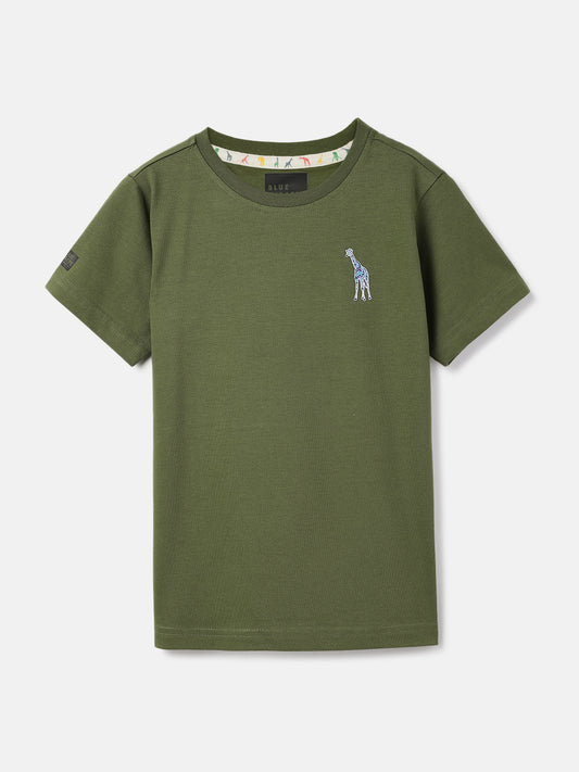 Blue Giraffe Boys Olive Solid Round Neck  Short Sleeve T-shirt