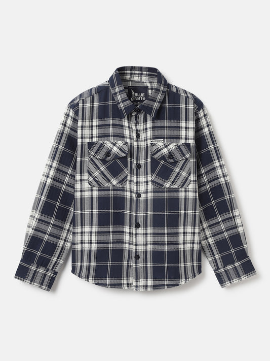 Blue Giraffe Boys Navy Checked Spread Collar Full Sleeves Shirt