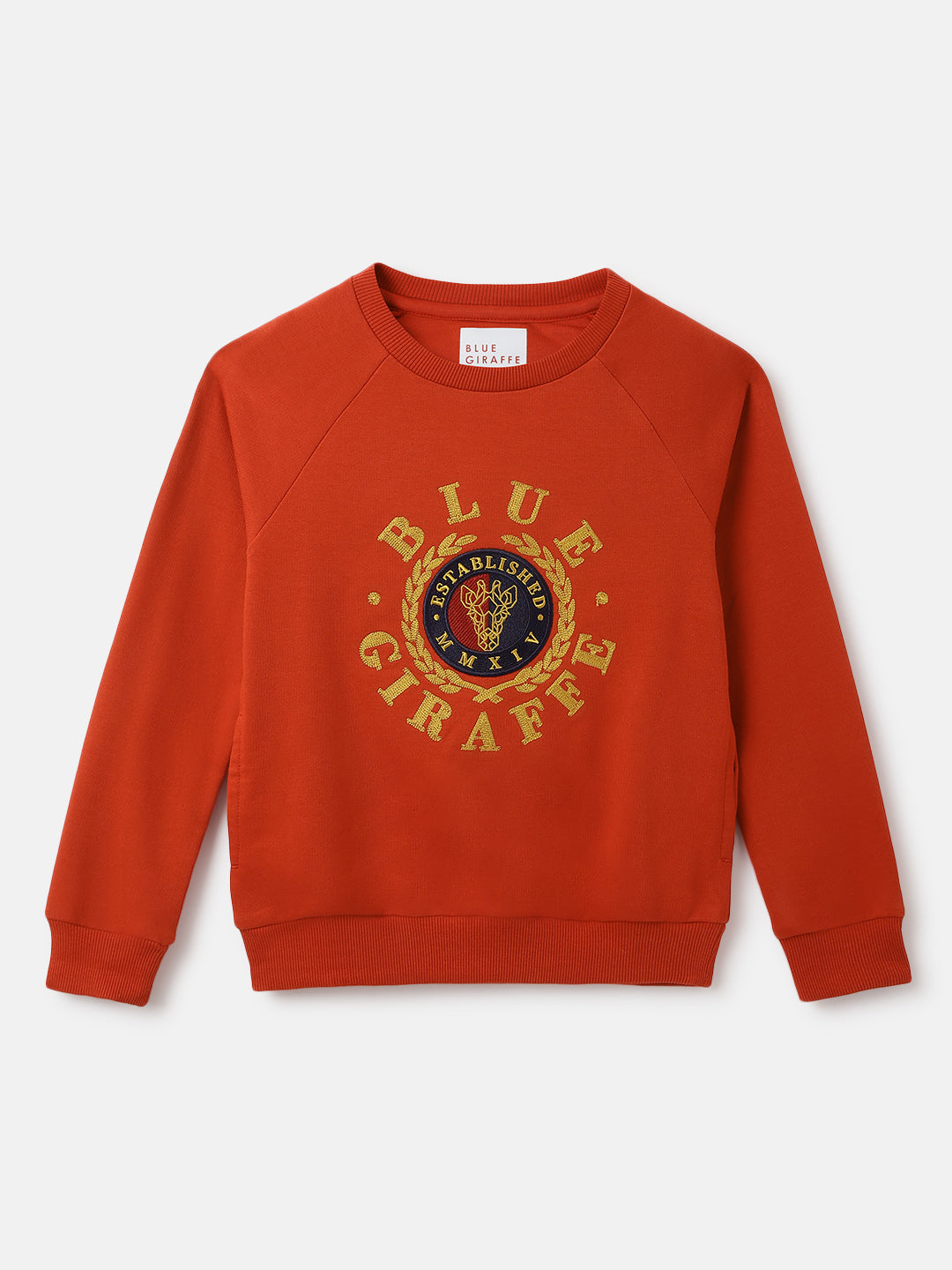 Blue Giraffe Boys Red Embroidered Round Neck Full Sleeves Sweatshirt