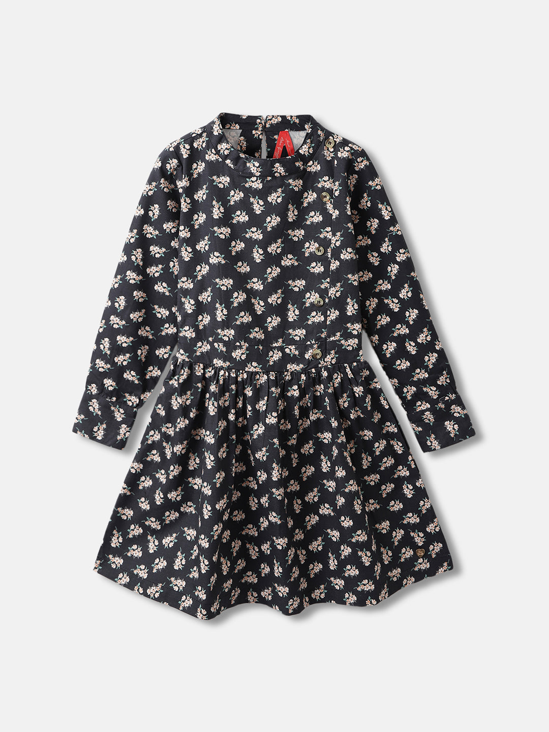 Blue Giraffe Girls Black Printed Round Neck Full Sleeves A-line Dress