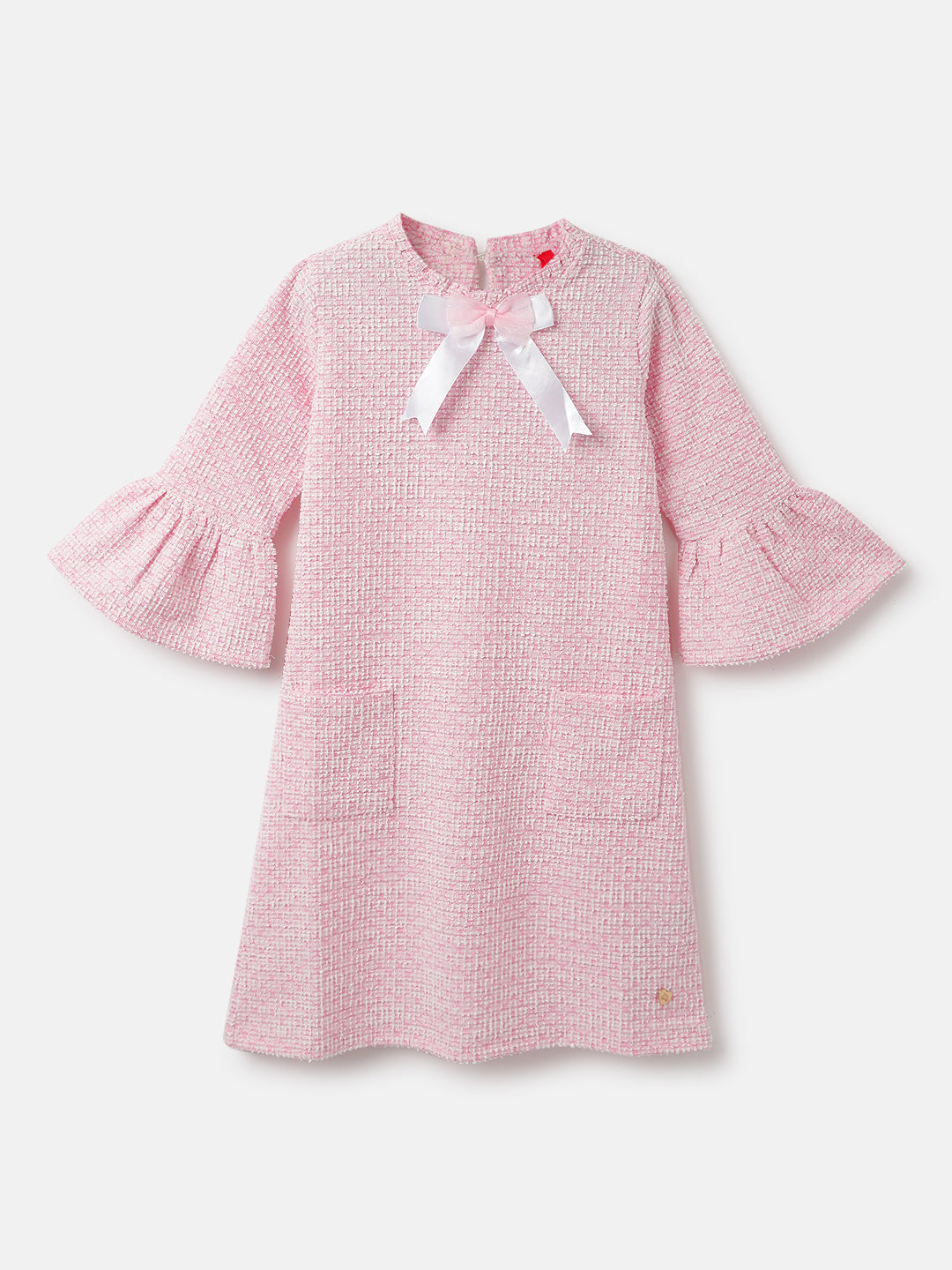 Blue Giraffe Girls Pink Textured Round Neck 3/4th Sleeves A-Line Dress