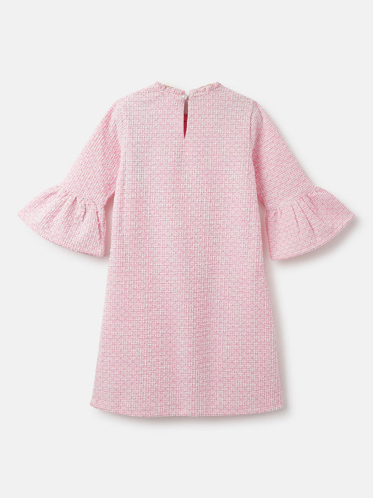 Blue Giraffe Girls Pink Textured Round Neck 3/4th Sleeves A-Line Dress