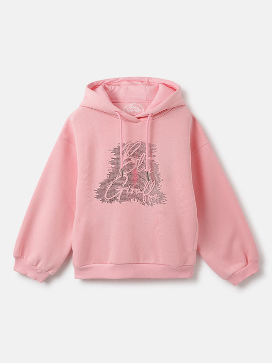 Blue Giraffe Girls Pink Solid Hooded Full Sleeves Sweatshirt