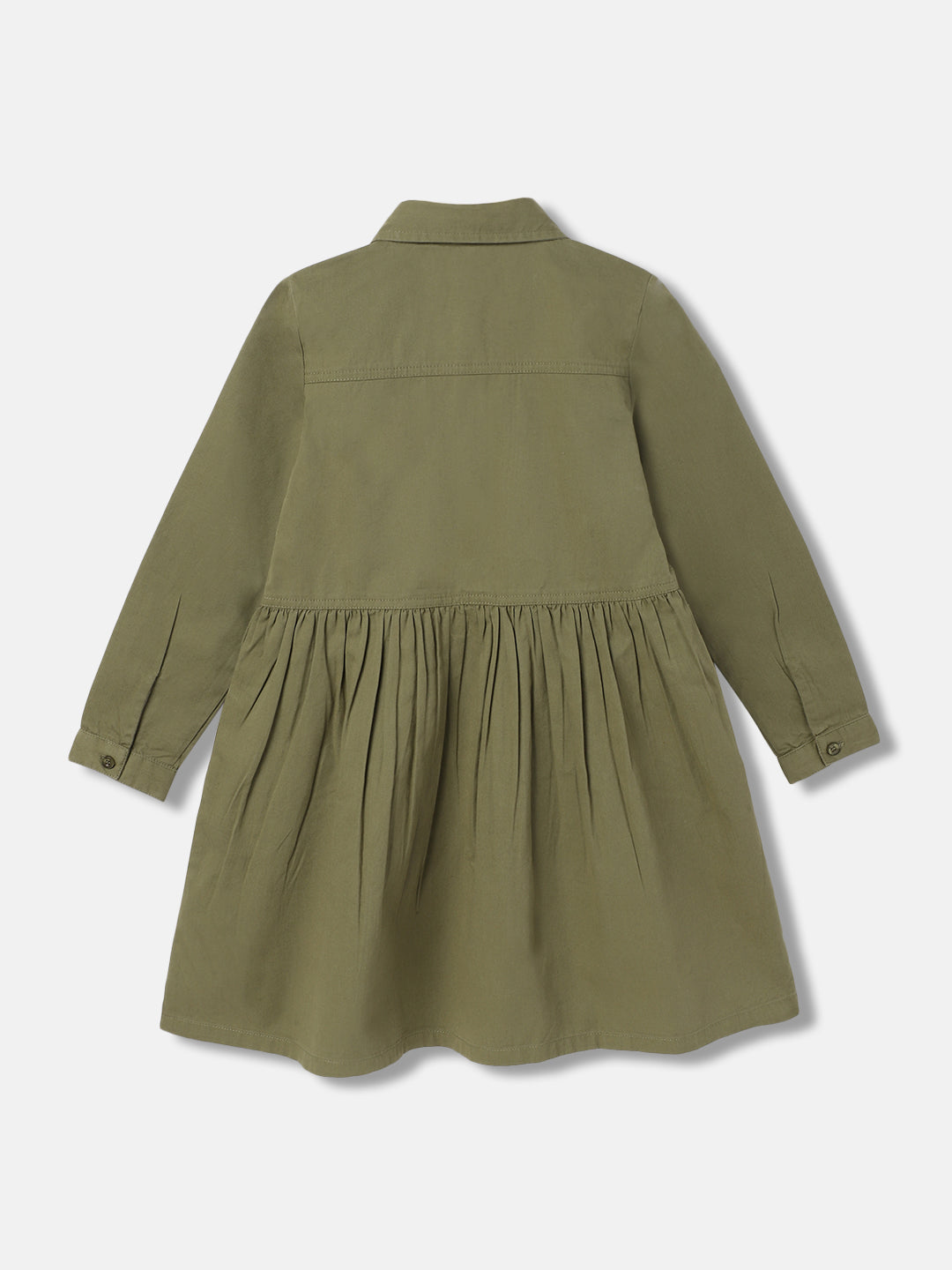 Blue Giraffe Girls Olive Solid Shirt Collar Full Sleeves A-line Dress