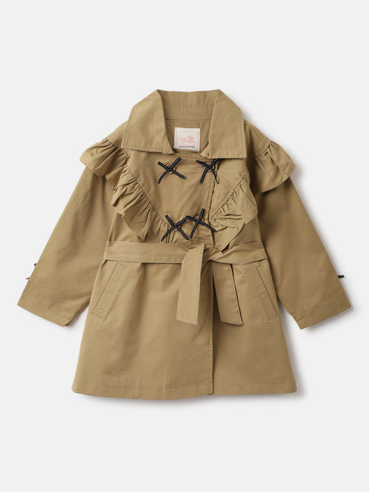 Blue Giraffe Girls Beige Solid Spread Collar Full Sleeves Double Breasted Coat