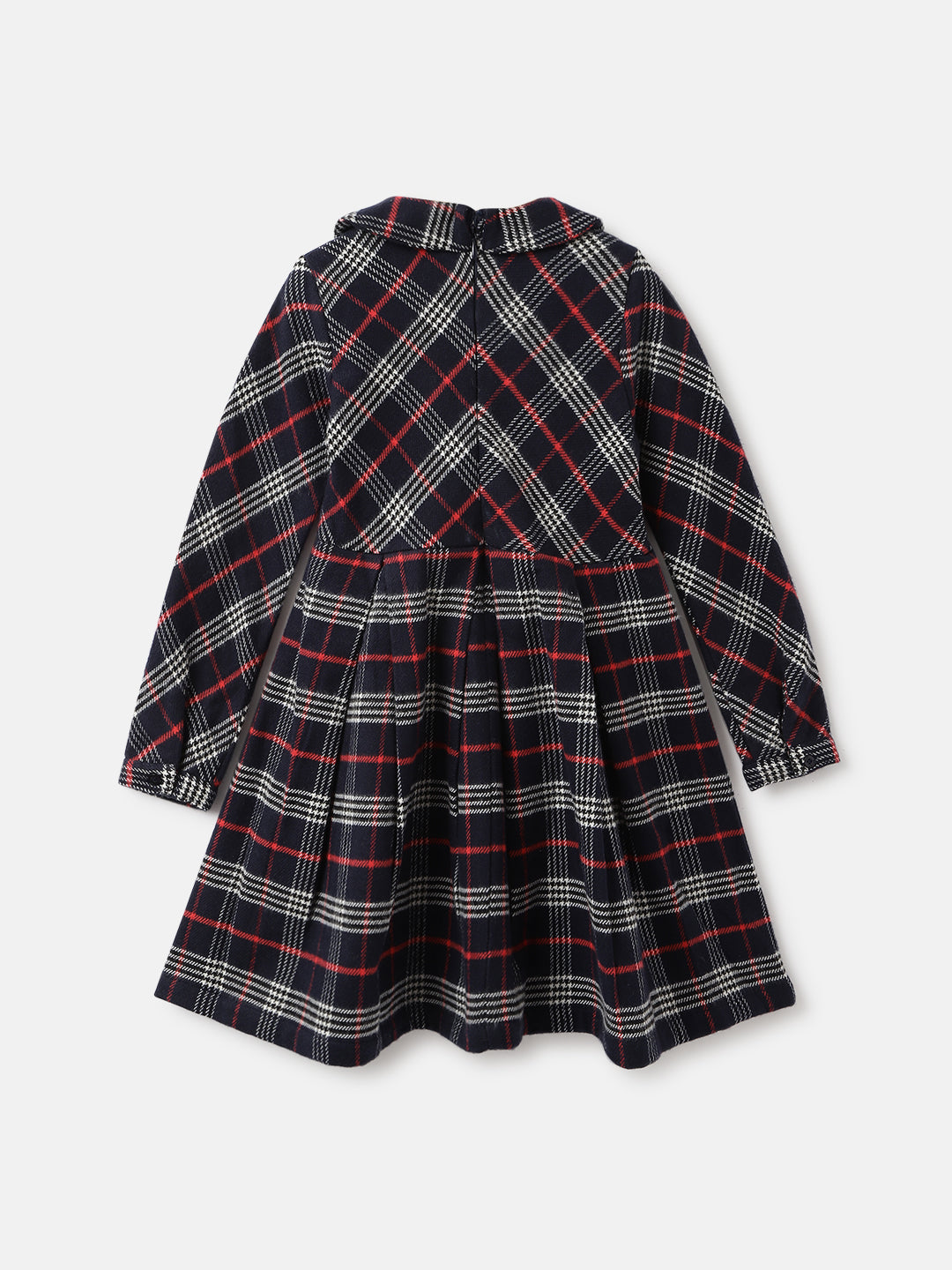 Blue Giraffe Girls Navy Checked Peter Pan Collar Full Sleeves Fit And Flare Dress