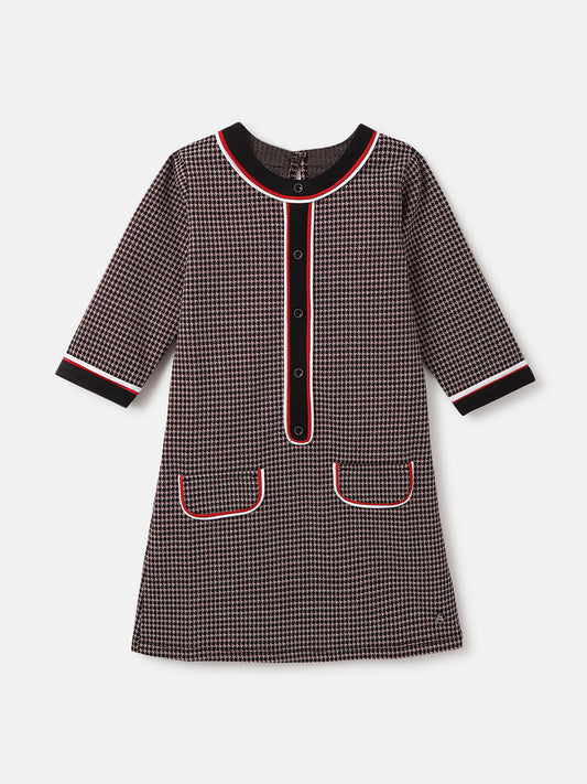 Blue Giraffe Girls Red Checked Round Neck 3/4th Sleeves A-Line Dress