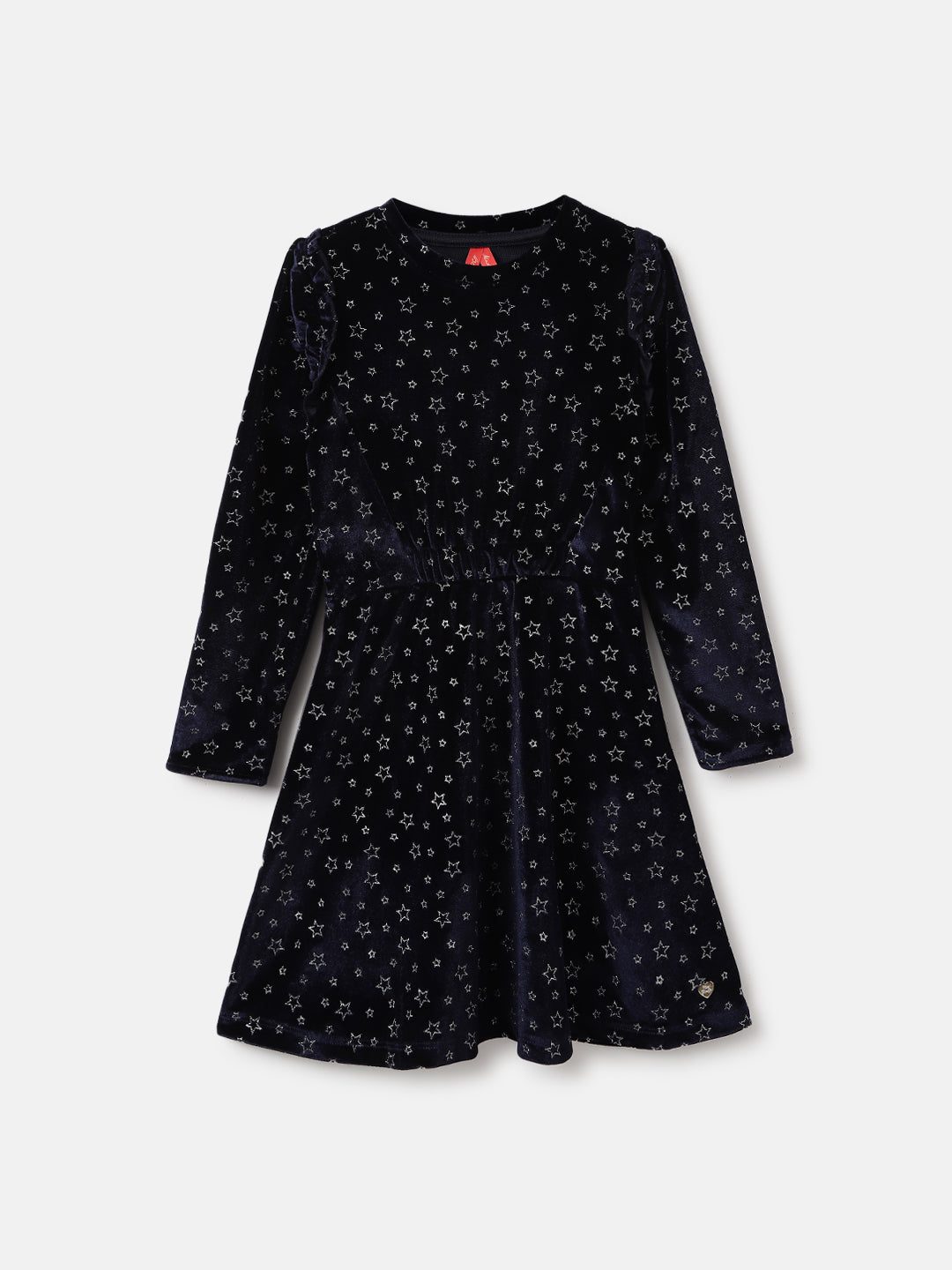 Blue Giraffe Girls Navy Printed Round Neck Full Sleeves A-Line Dress