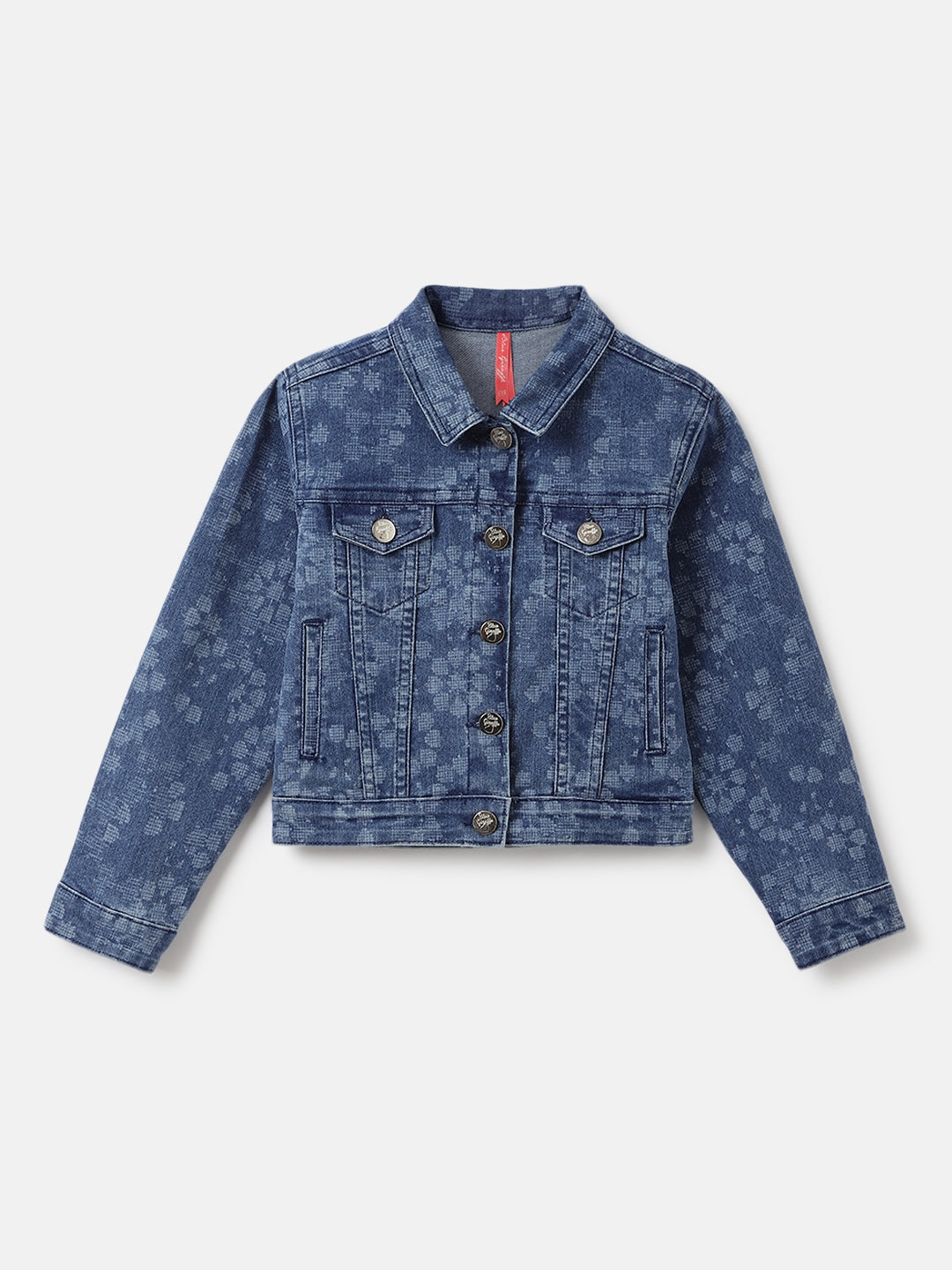 Blue Giraffe Girls Blue Printed Spread Collar Full Sleeves Denim Jacket