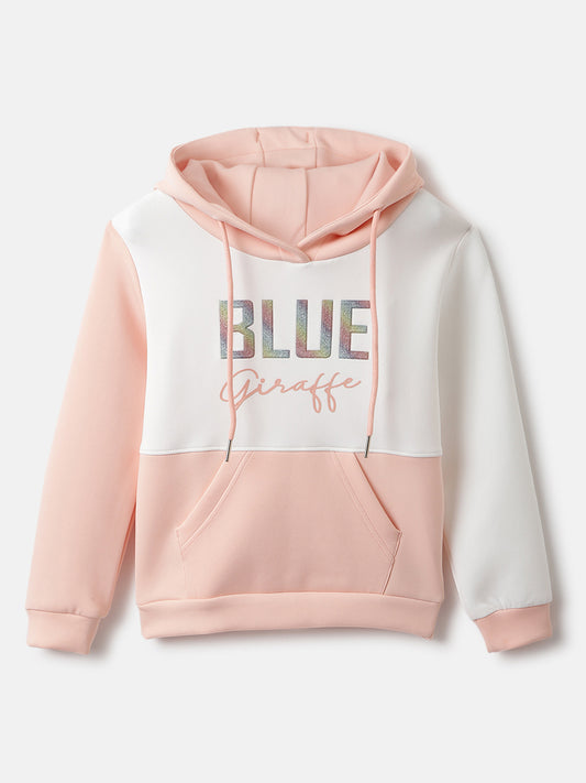 Blue Giraffe Girls Peach Color-blocked Hooded Full Sleeves Pullover Style Sweatshirt