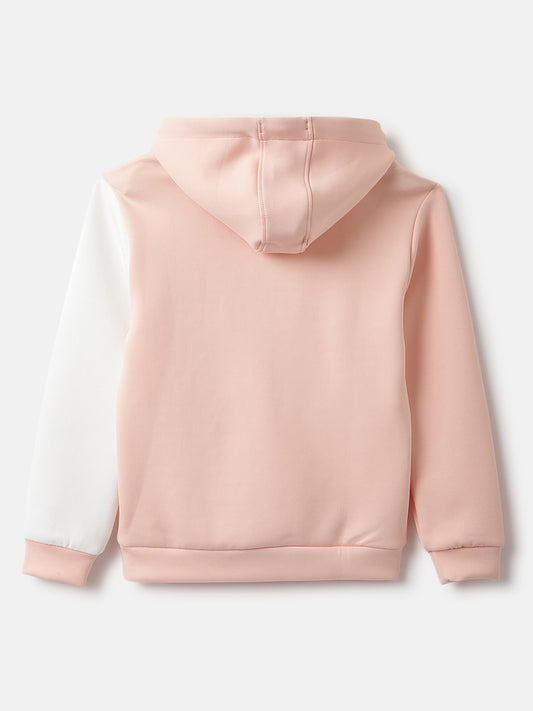 Blue Giraffe Girls Peach Color-blocked Hooded Full Sleeves Pullover Style Sweatshirt