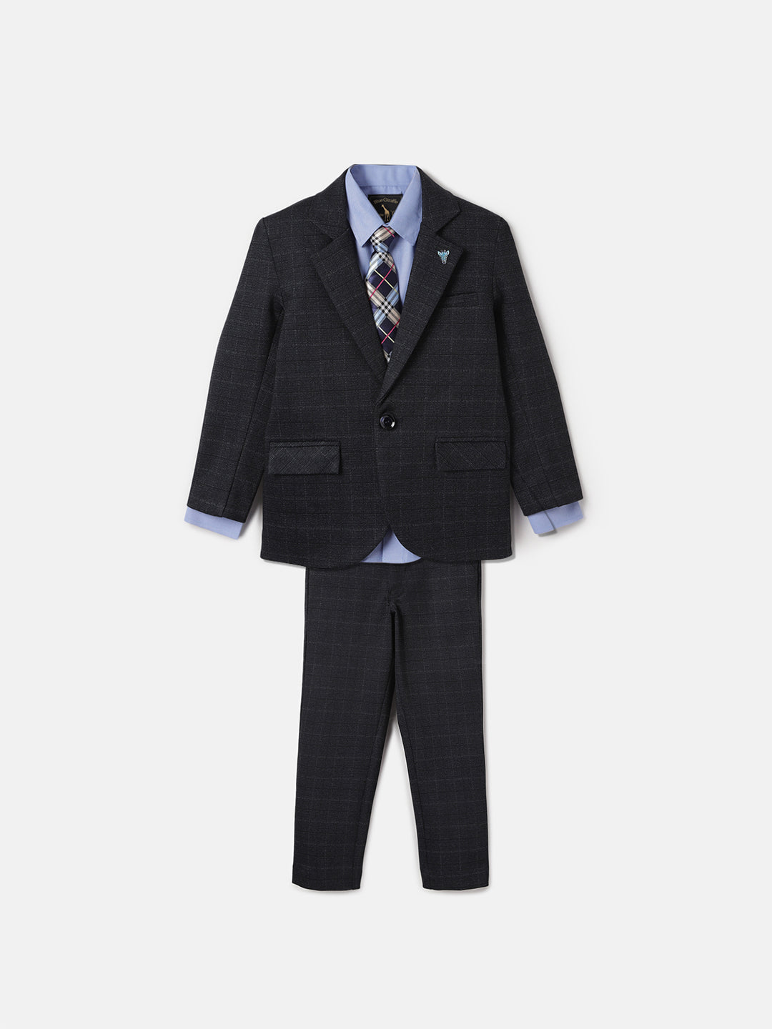 Blue Giraffe Boys Navy Blue Checked Notched Collar Full Sleeves Suit Set