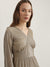 Centre Stage Women Gold Self Design V-Neck Full Sleeves Tiered A-Line Dress