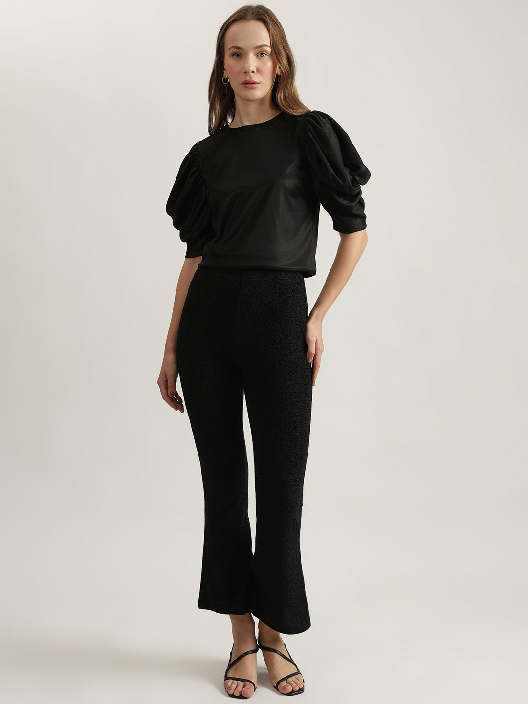 Centre Stage Women Black Solid Regular Fit Flat-Front Trouser