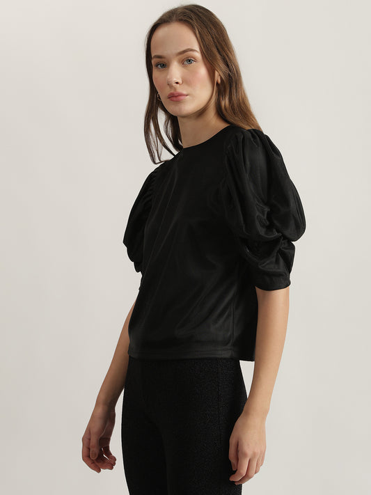 Centre Stage Women Black Solid Round Neck Short Sleeves Top