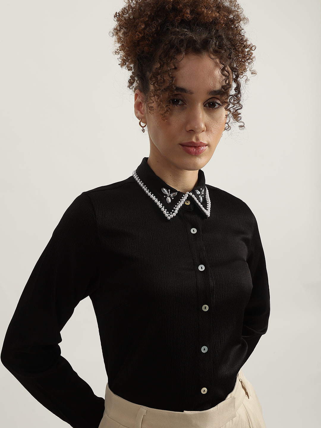 Centrestage Women Black Solid Spread Collar Full Sleeves Shirt