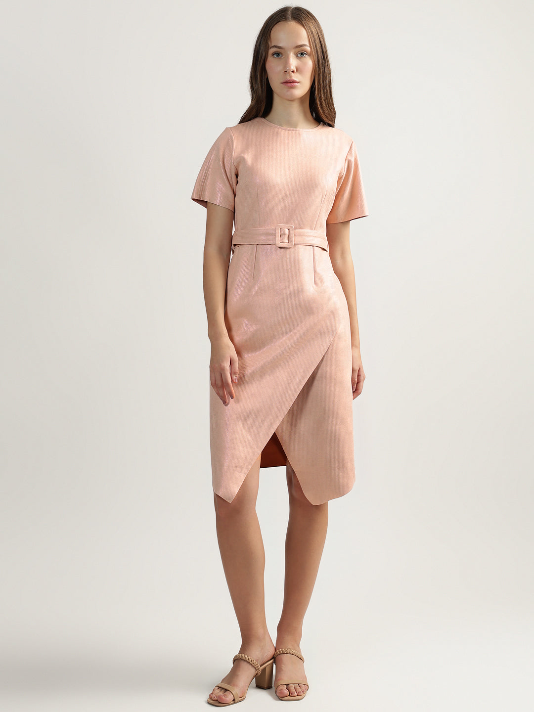 Centrestage Women Pink Solid Round Neck Short Sleeves Belted Dress