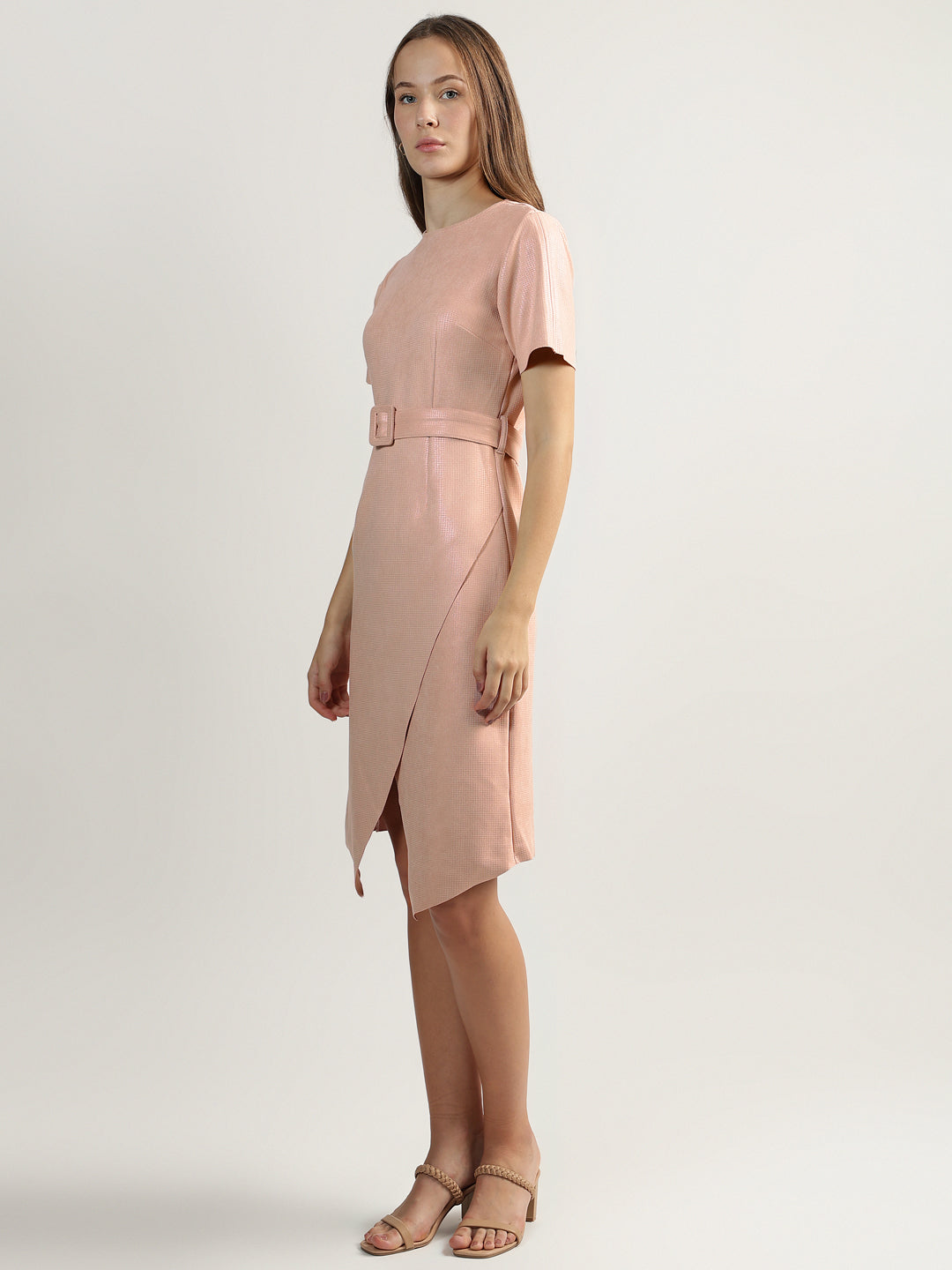 Centrestage Women Pink Solid Round Neck Short Sleeves Belted Dress