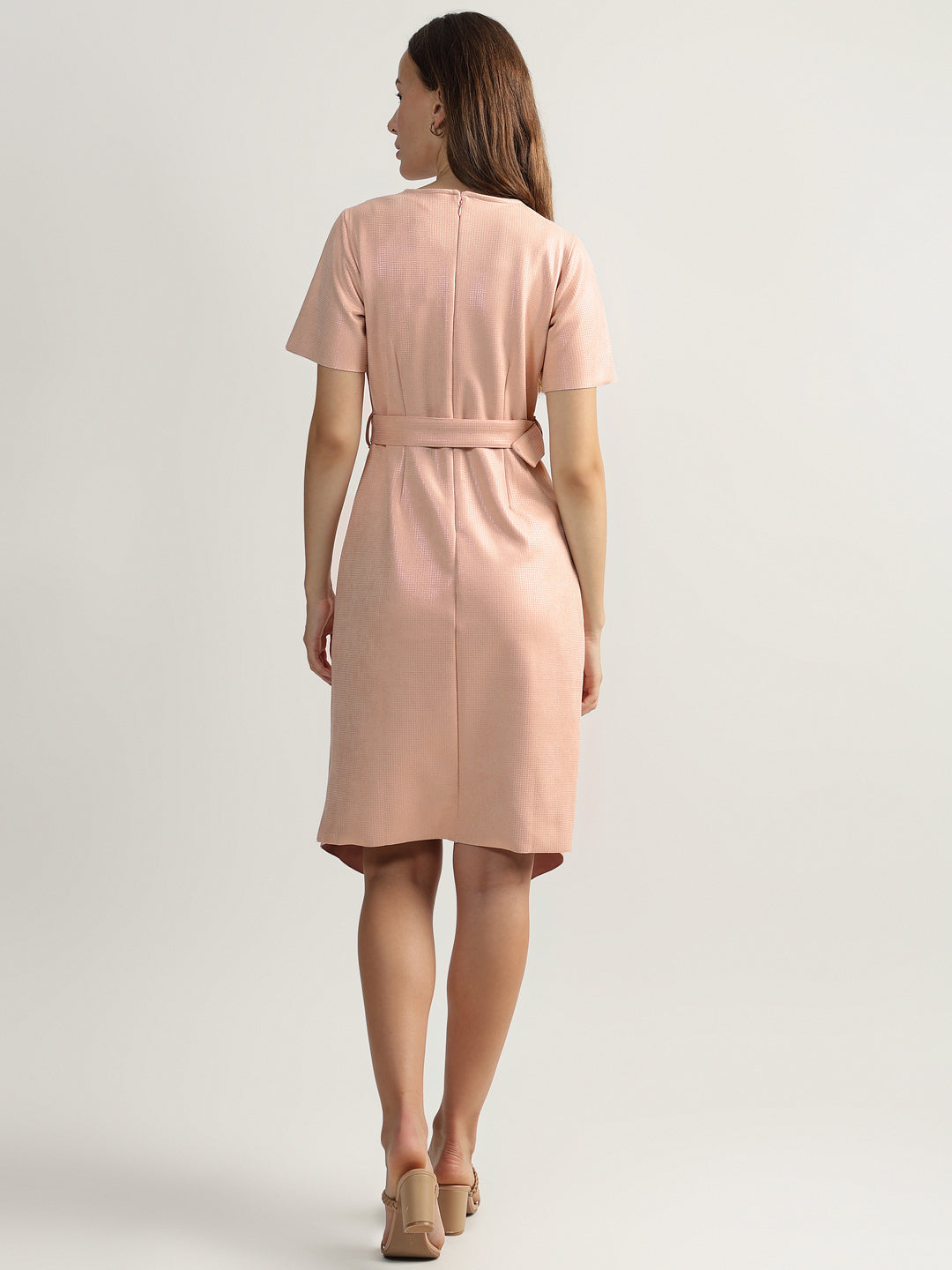 Centrestage Women Pink Solid Round Neck Short Sleeves Belted Dress