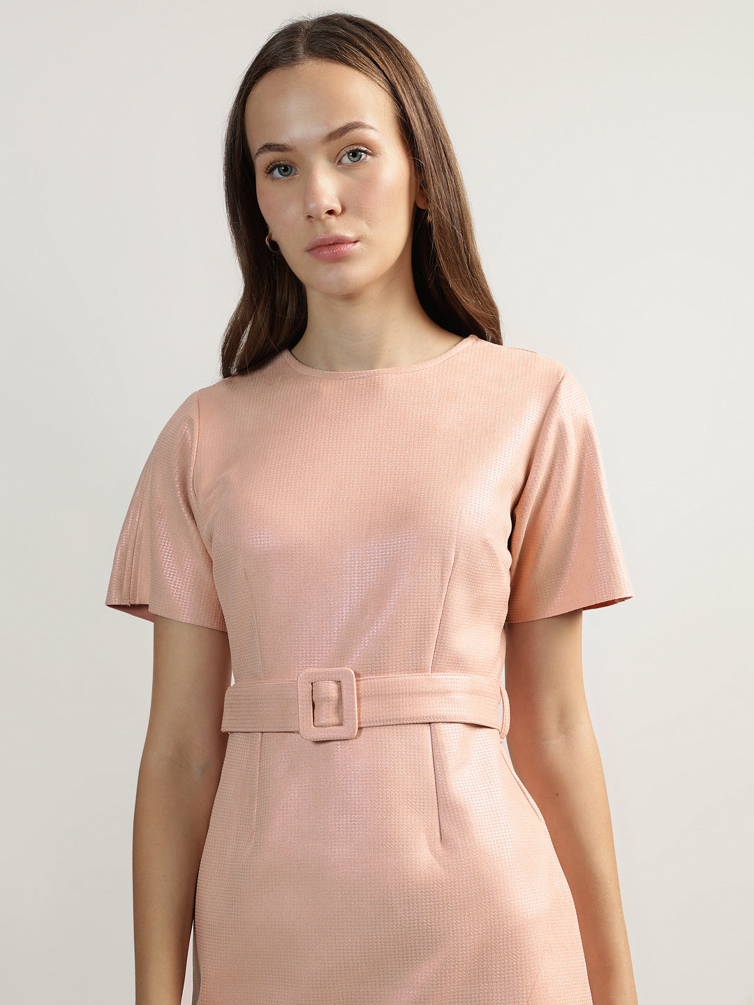 Centrestage Women Pink Solid Round Neck Short Sleeves Belted Dress