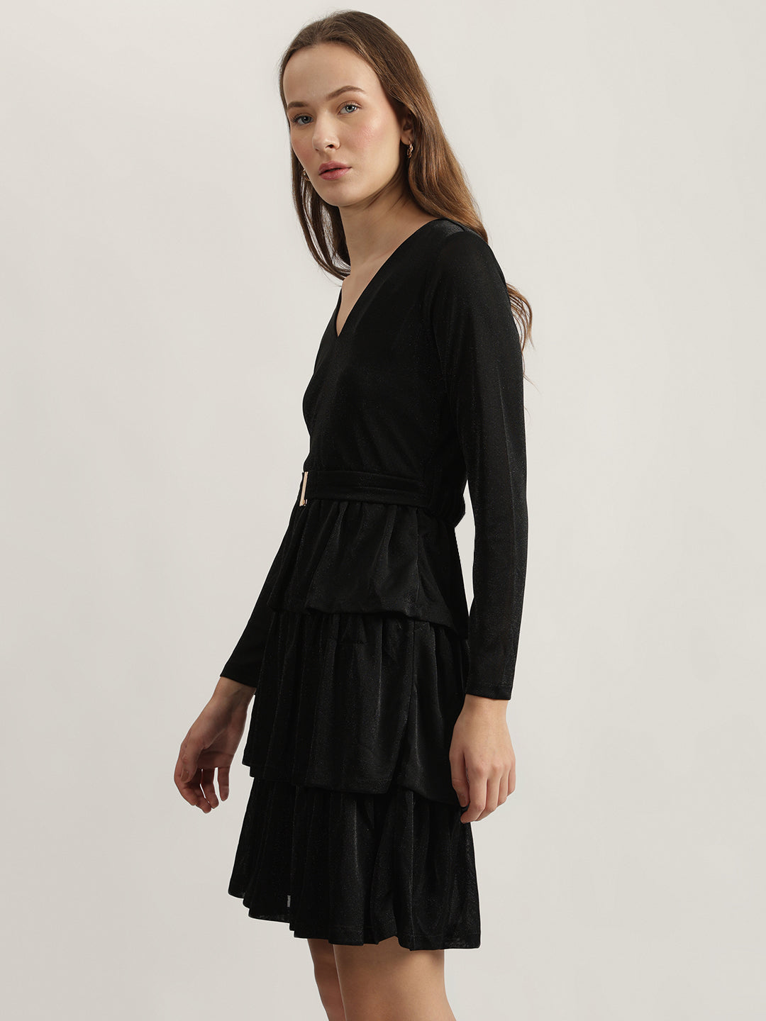 Centre Stage Women Black Solid V-Neck Full Sleeves Layered A-Line Dress