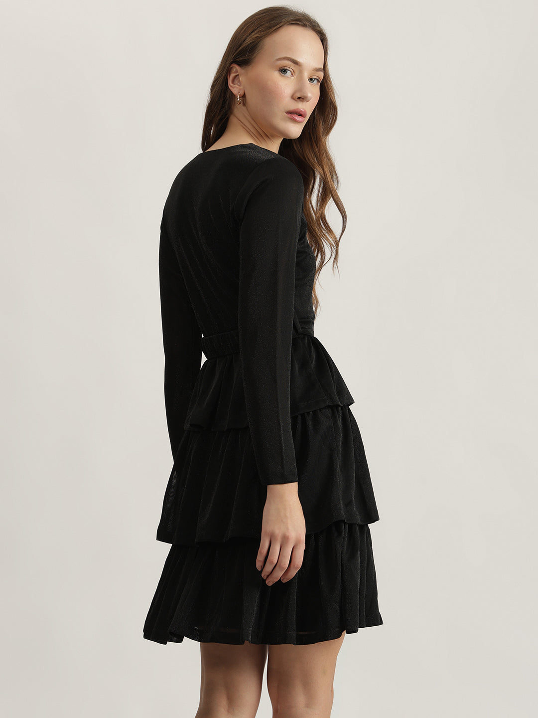 Centre Stage Women Black Solid V-Neck Full Sleeves Layered A-Line Dress