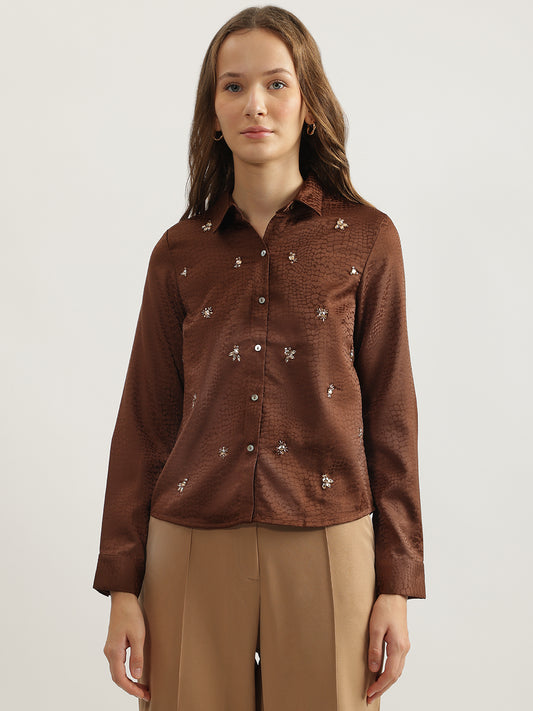 Centrestage Women Brown Embellished Spread Collar Full Sleeves Top